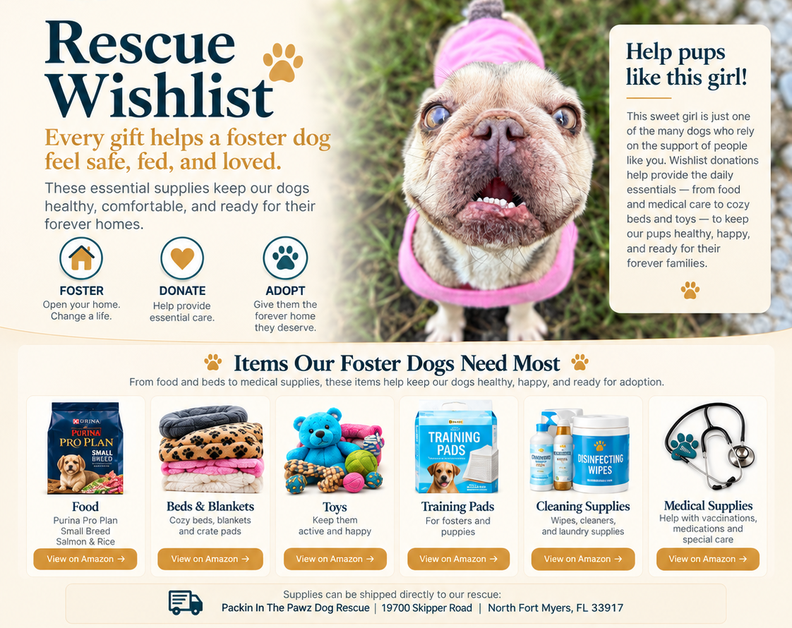 Rescue Wishlist. Every gift helps a foster dog feel safe, fed, and loved. Items our foster dogs need most: food, beds and blankets, toys, training pads, cleaning supplies, medical supplies. Supplies can be shipped to Packin In The Pawz Dog Rescue, 19700 Skipper Road, North Fort Myers, FL 33917.