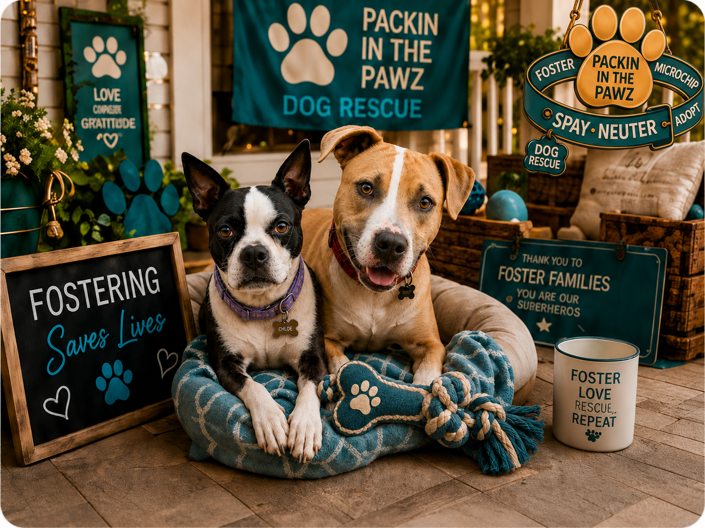 Foster dog surrounded by Packin In The Pawz signs and a Fostering Saves Lives chalkboard