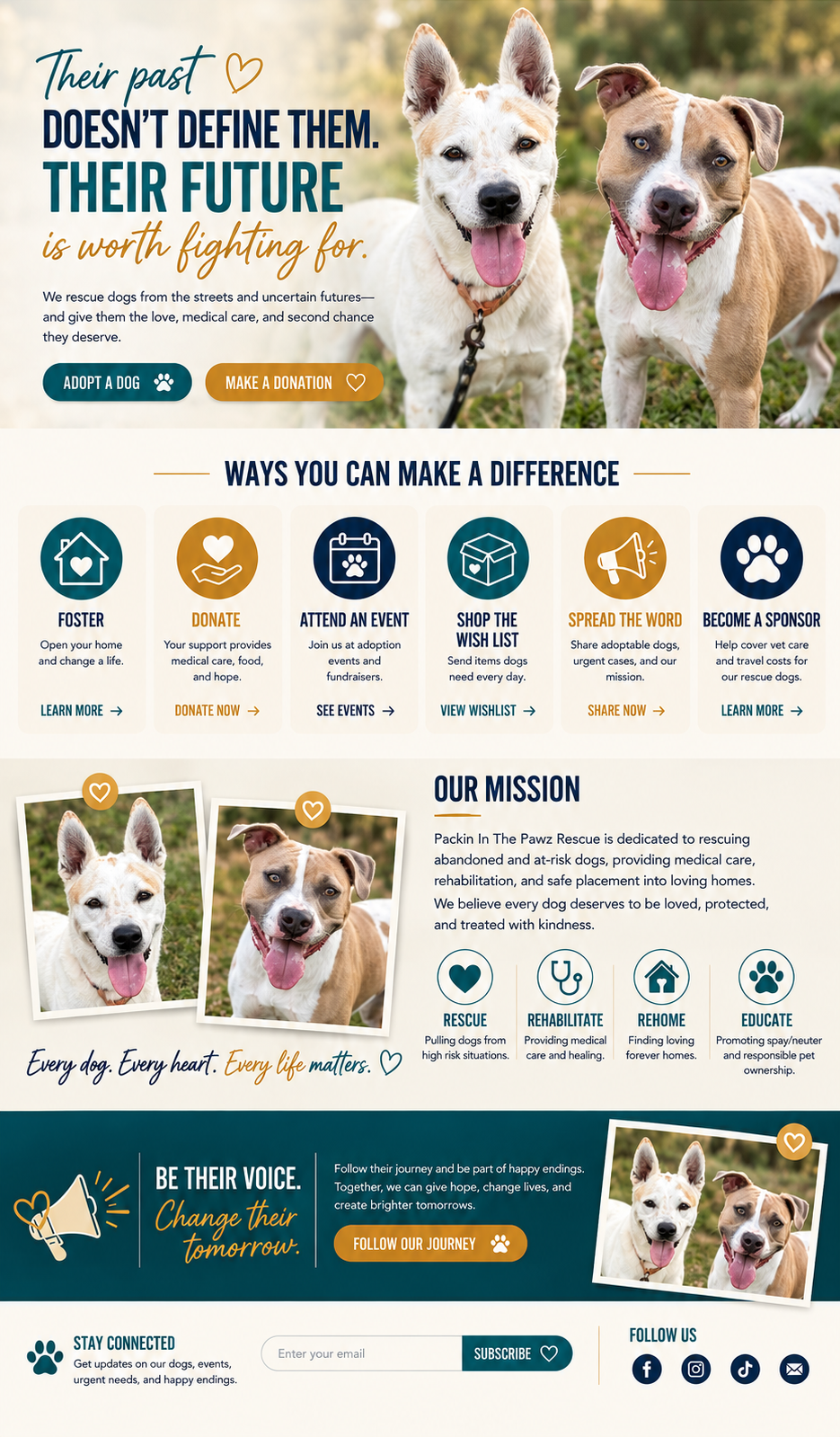 Their past doesn't define them. Their future is worth fighting for. Ways you can make a difference: foster, donate, attend an event, shop the wish list, spread the word, become a sponsor. Our mission: rescue, rehabilitate, rehome, educate. Be their voice — change their tomorrow.