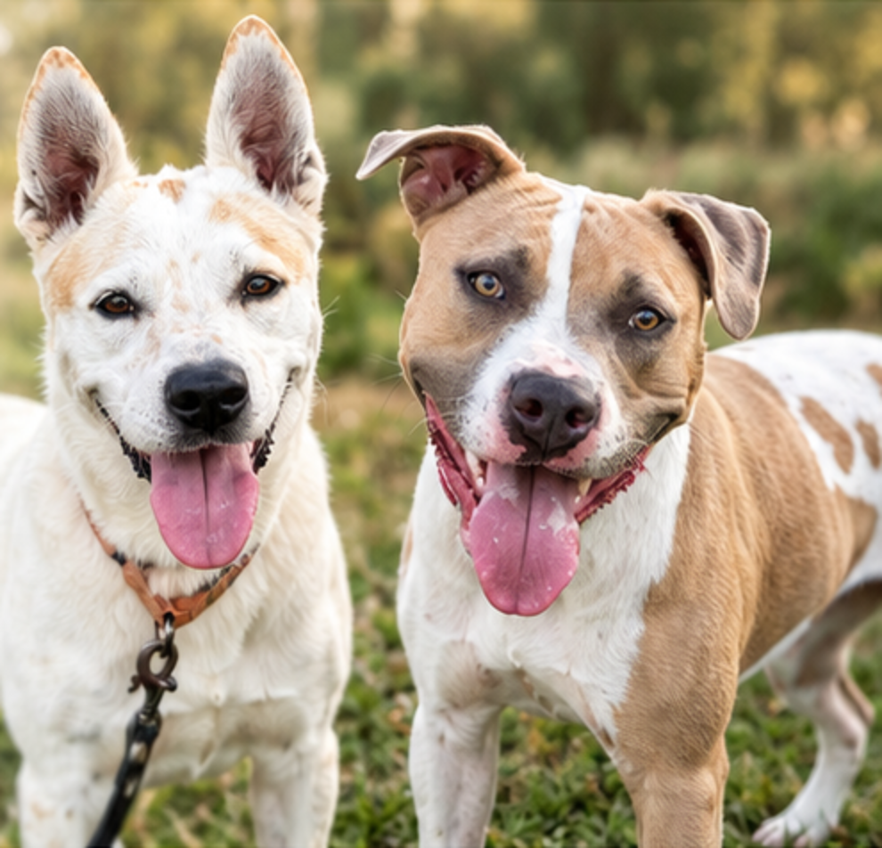 Two happy rescue dogs smiling outdoors