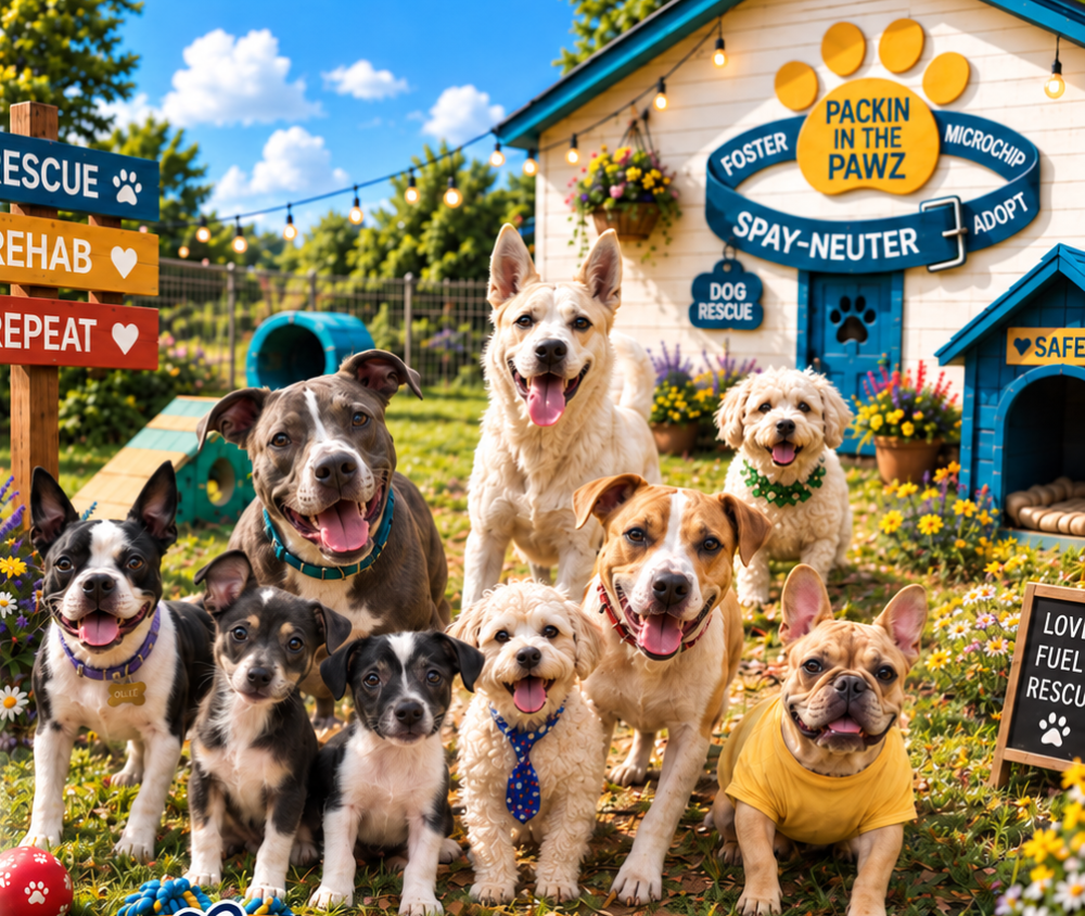 Happy rescue dogs and puppies in the Packin In The Pawz yard