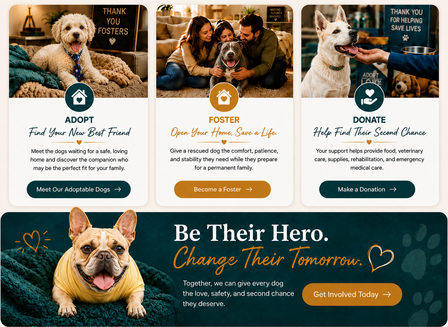 Three Ways to Change a Life: Adopt (Meet Our Adoptable Dogs), Foster (Become a Foster), Donate (Make a Donation). Be Their Hero. Change Their Tomorrow. Get Involved Today.